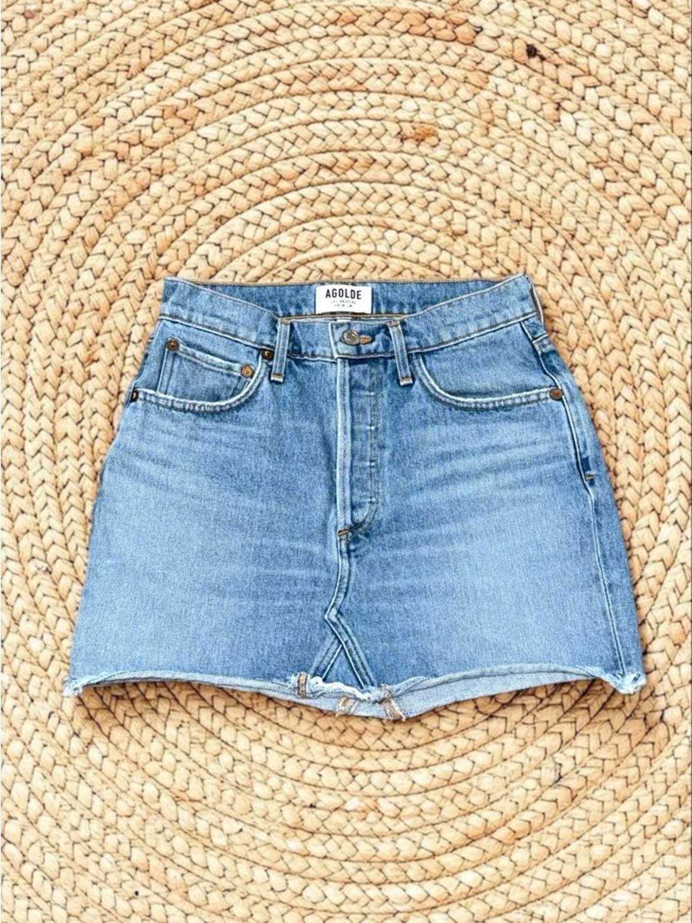 Agolde Quinn Light Blue High Rise Raw Hem Mini Jean Skirt Size 26